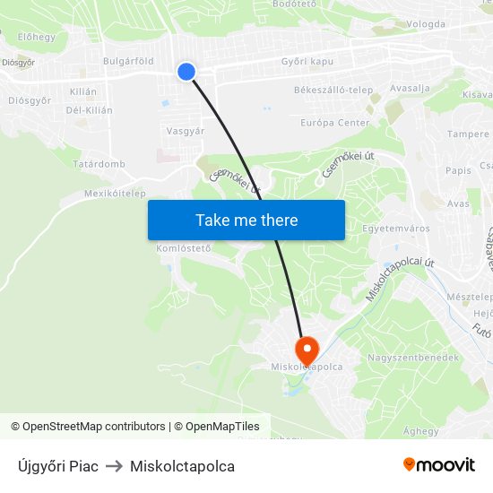 Újgyőri Piac to Miskolctapolca map