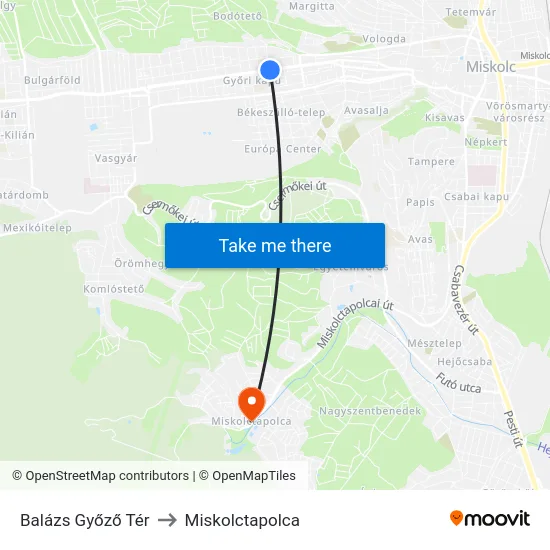 Balázs Győző Tér to Miskolctapolca map