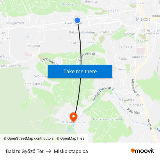 Balázs Győző Tér to Miskolctapolca map