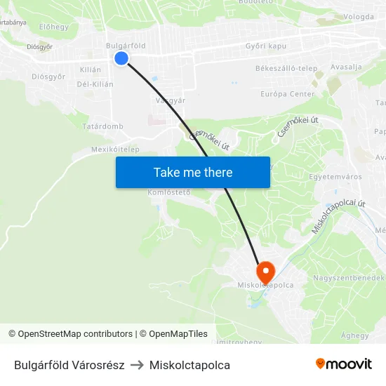 Bulgárföld Városrész to Miskolctapolca map