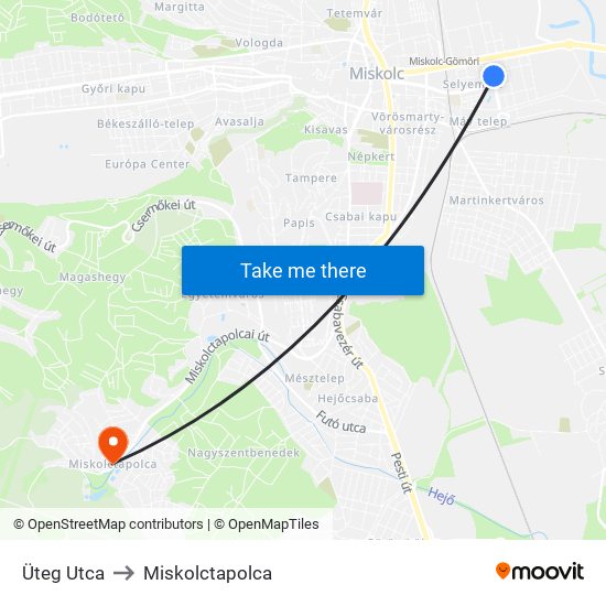 Üteg Utca to Miskolctapolca map