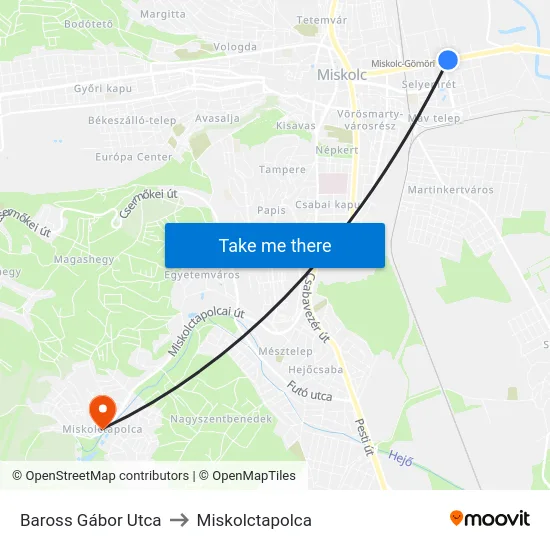 Baross Gábor Utca to Miskolctapolca map