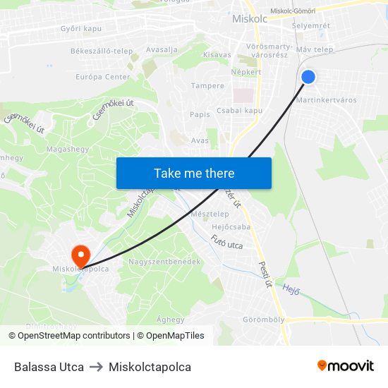 Balassa Utca to Miskolctapolca map