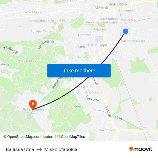 Balassa Utca to Miskolctapolca map