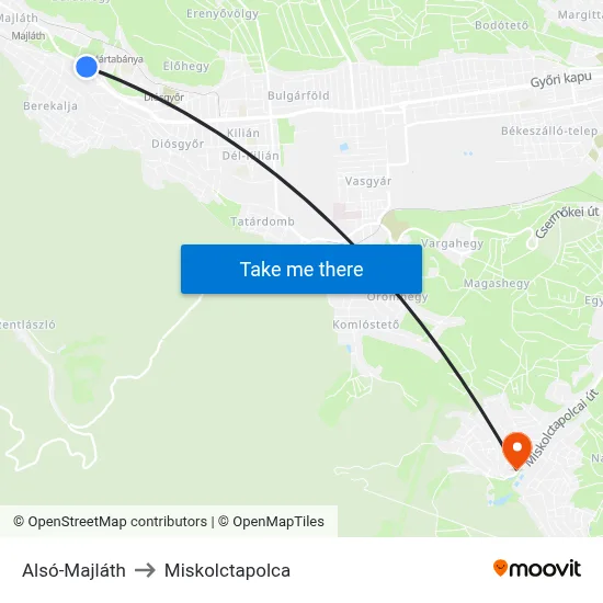 Alsó-Majláth to Miskolctapolca map