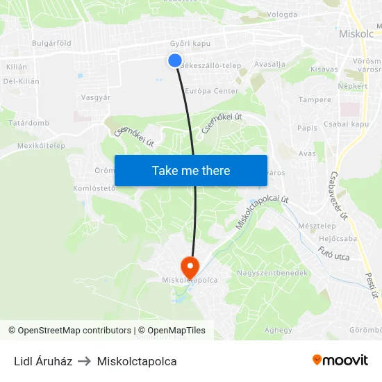 Lidl Áruház to Miskolctapolca map