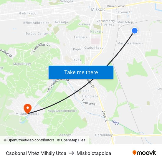 Csokonai Vitéz Mihály Utca to Miskolctapolca map