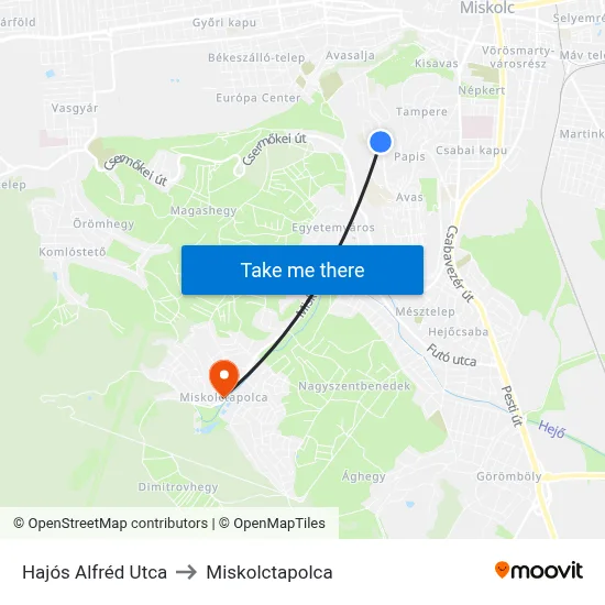 Hajós Alfréd Utca to Miskolctapolca map