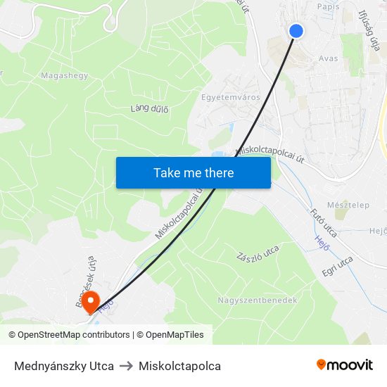 Mednyánszky Utca to Miskolctapolca map