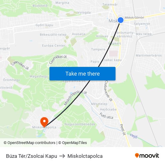 Búza Tér/Zsolcai Kapu to Miskolctapolca map