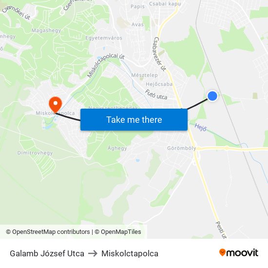 Galamb József Utca to Miskolctapolca map
