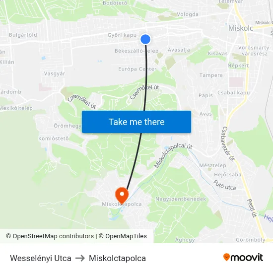 Wesselényi Utca to Miskolctapolca map