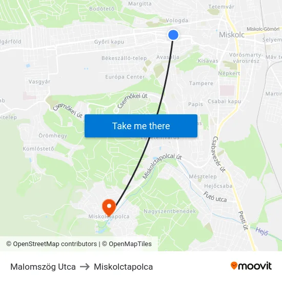 Malomszög Utca to Miskolctapolca map
