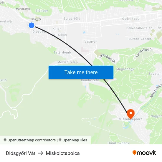 Diósgyőri Vár to Miskolctapolca map