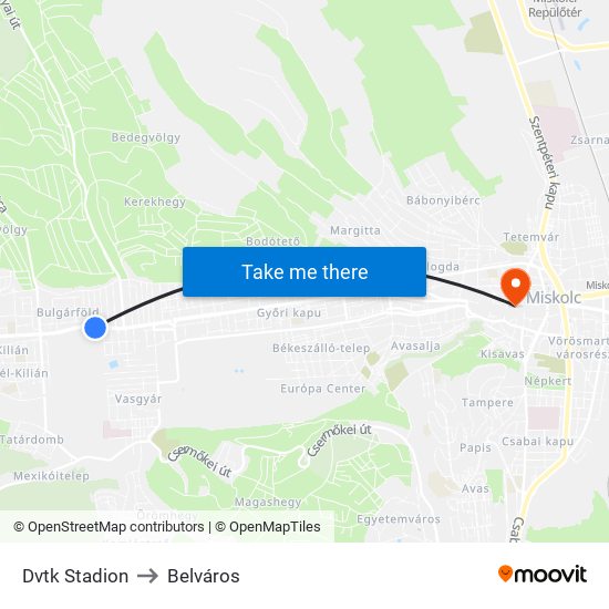 Dvtk Stadion to Belváros map