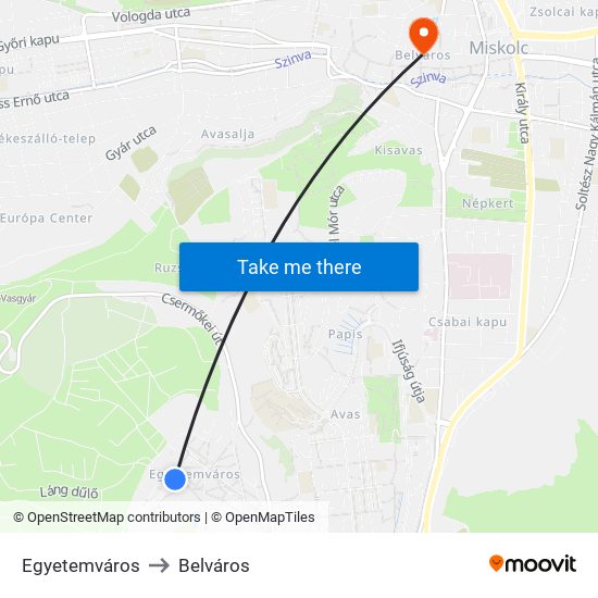 Egyetemváros to Belváros map