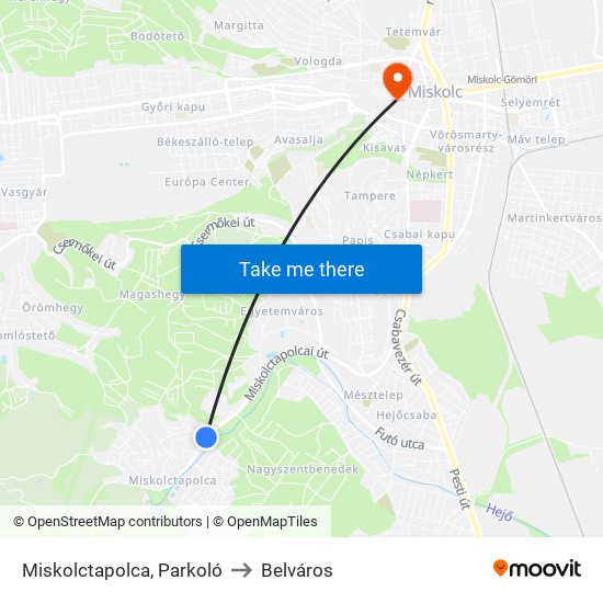 Miskolctapolca, Parkoló to Belváros map