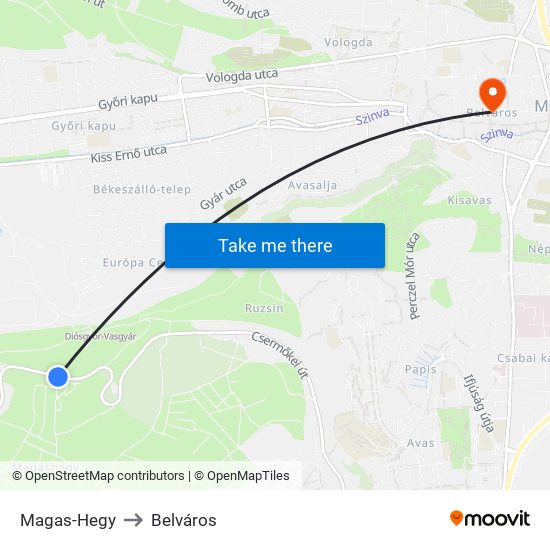Magas-Hegy to Belváros map
