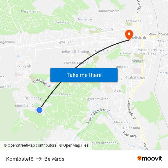 Komlóstető to Belváros map