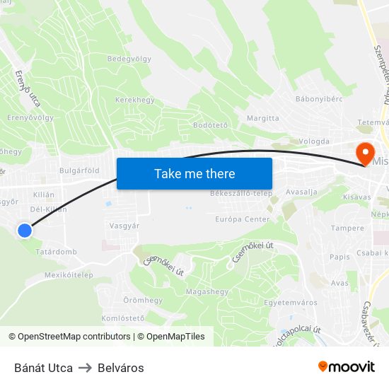 Bánát Utca to Belváros map