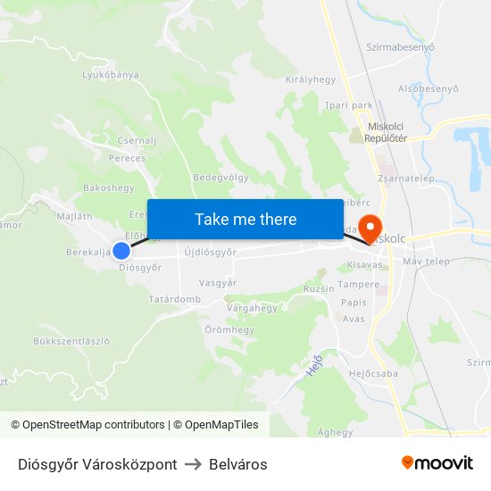 Diósgyőr Városközpont to Belváros map