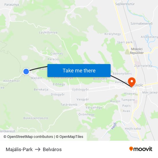 Majális-Park to Belváros map