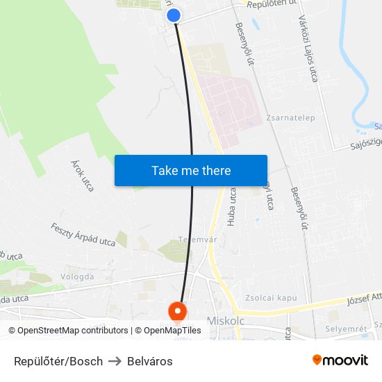 Repülőtér/Bosch to Belváros map