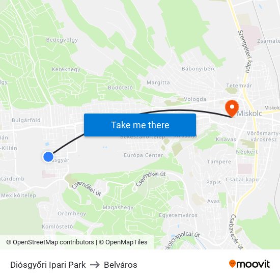 Diósgyőri Ipari Park to Belváros map