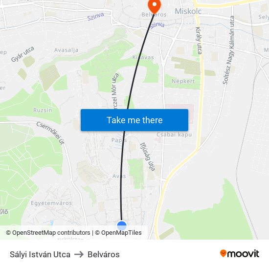Sályi István Utca to Belváros map