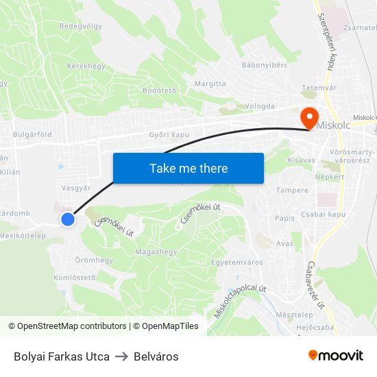 Bolyai Farkas Utca to Belváros map