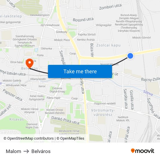 Malom to Belváros map