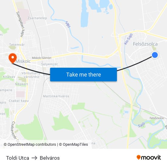 Toldi Utca to Belváros map