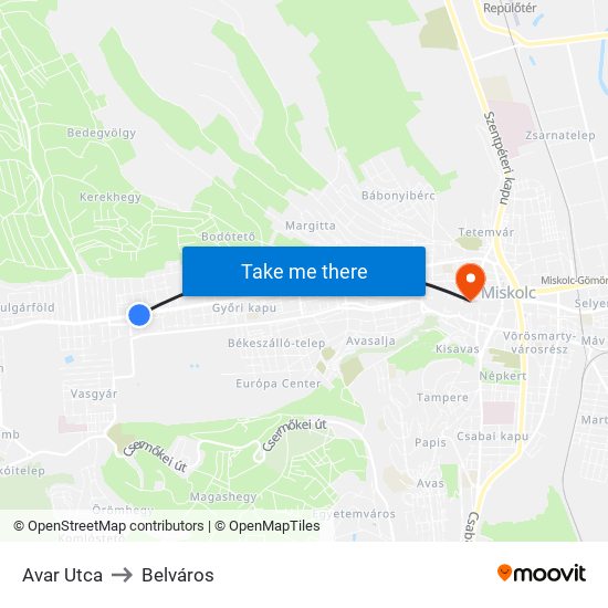 Avar Utca to Belváros map