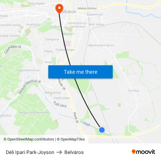 Déli Ipari Park-Joyson to Belváros map