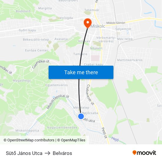 Sütő János Utca to Belváros map