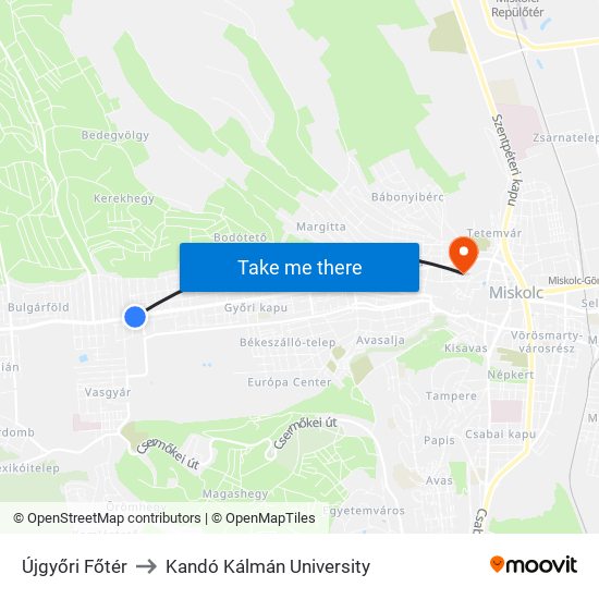 Újgyőri Főtér to Kandó Kálmán University map