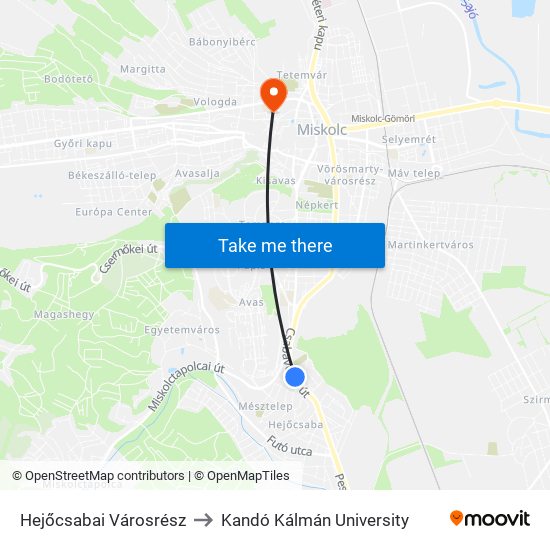 Hejőcsabai Városrész to Kandó Kálmán University map