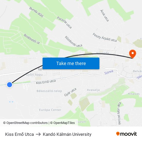 Kiss Ernő Utca to Kandó Kálmán University map