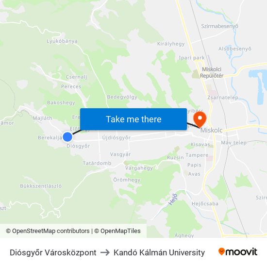 Diósgyőr Városközpont to Kandó Kálmán University map