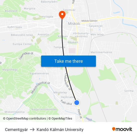 Cementgyár to Kandó Kálmán University map