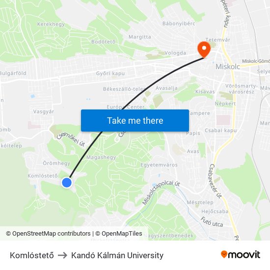 Komlóstető to Kandó Kálmán University map