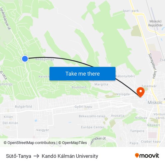 Sütő-Tanya to Kandó Kálmán University map