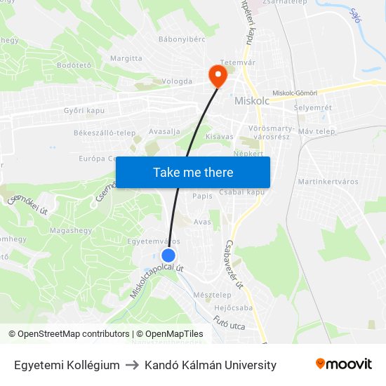 Egyetemi Kollégium to Kandó Kálmán University map