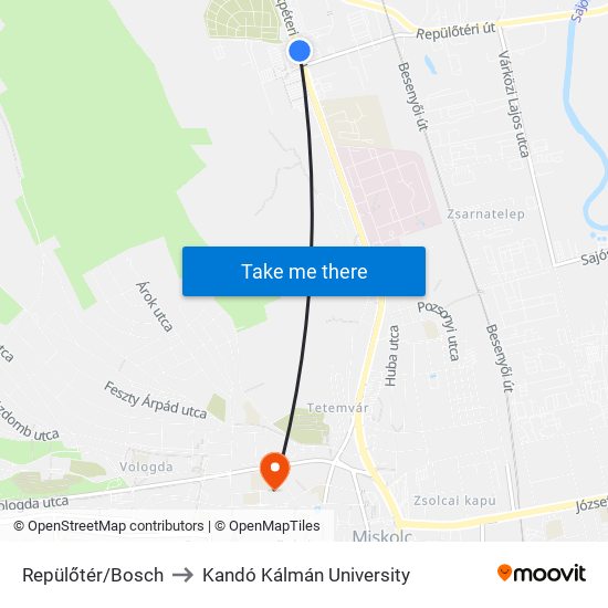 Repülőtér/Bosch to Kandó Kálmán University map