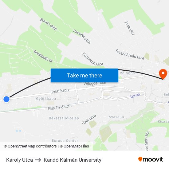 Károly Utca to Kandó Kálmán University map