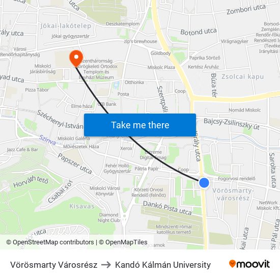 Vörösmarty Városrész to Kandó Kálmán University map