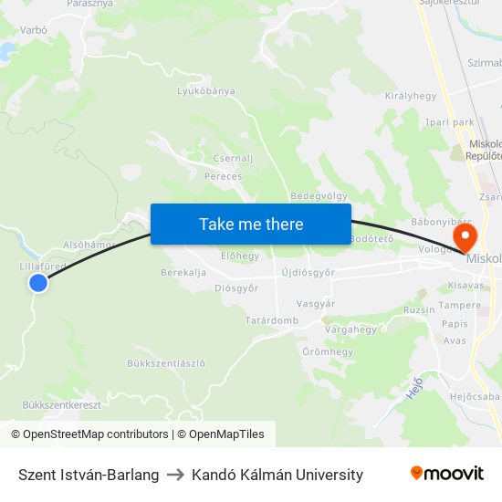 Szent István-Barlang to Kandó Kálmán University map