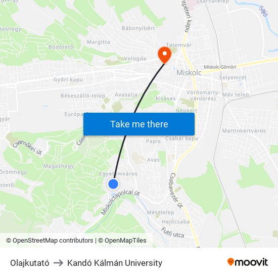 Olajkutató to Kandó Kálmán University map