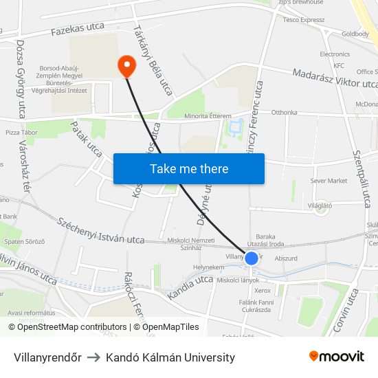 Villanyrendőr to Kandó Kálmán University map