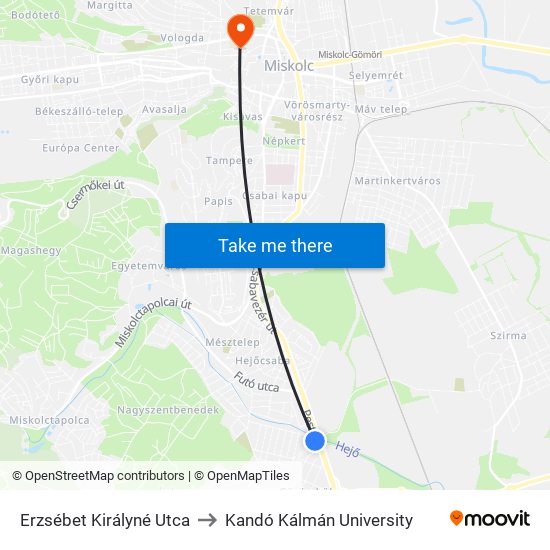 Erzsébet Királyné Utca to Kandó Kálmán University map